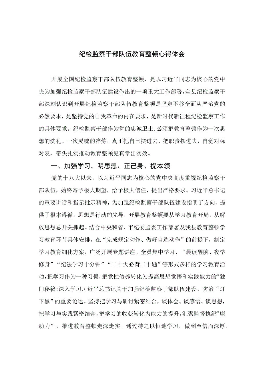 2023纪检监察干部队伍教育整顿心得体会范文10篇精选供参考_002.docx_第1页