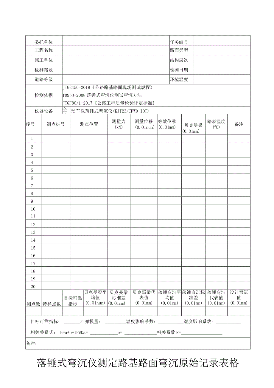 落锤式弯沉仪测定路基路面弯沉原始记录表格.docx_第1页