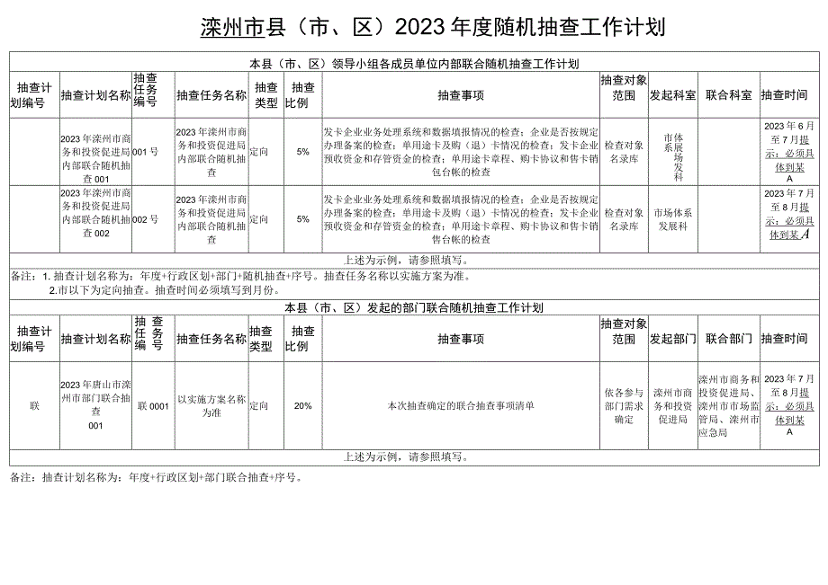 滦州市县市区2023年度随机抽查工作计划.docx_第1页