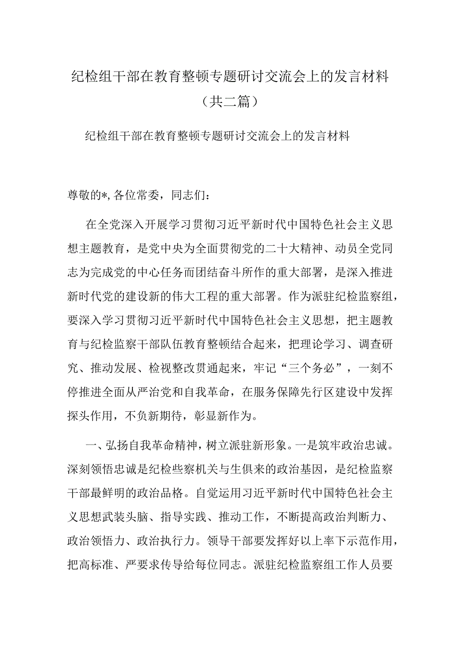 纪检组干部在教育整顿专题研讨交流会上的发言材料共二篇.docx_第1页