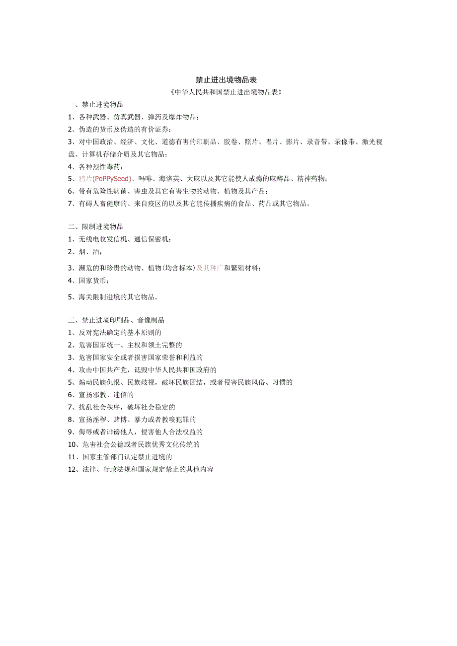禁止进出境物品表.docx_第1页