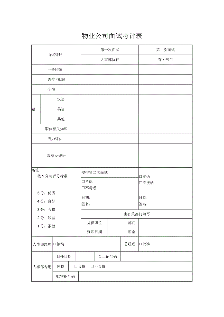 物业公司面试考评表.docx_第1页