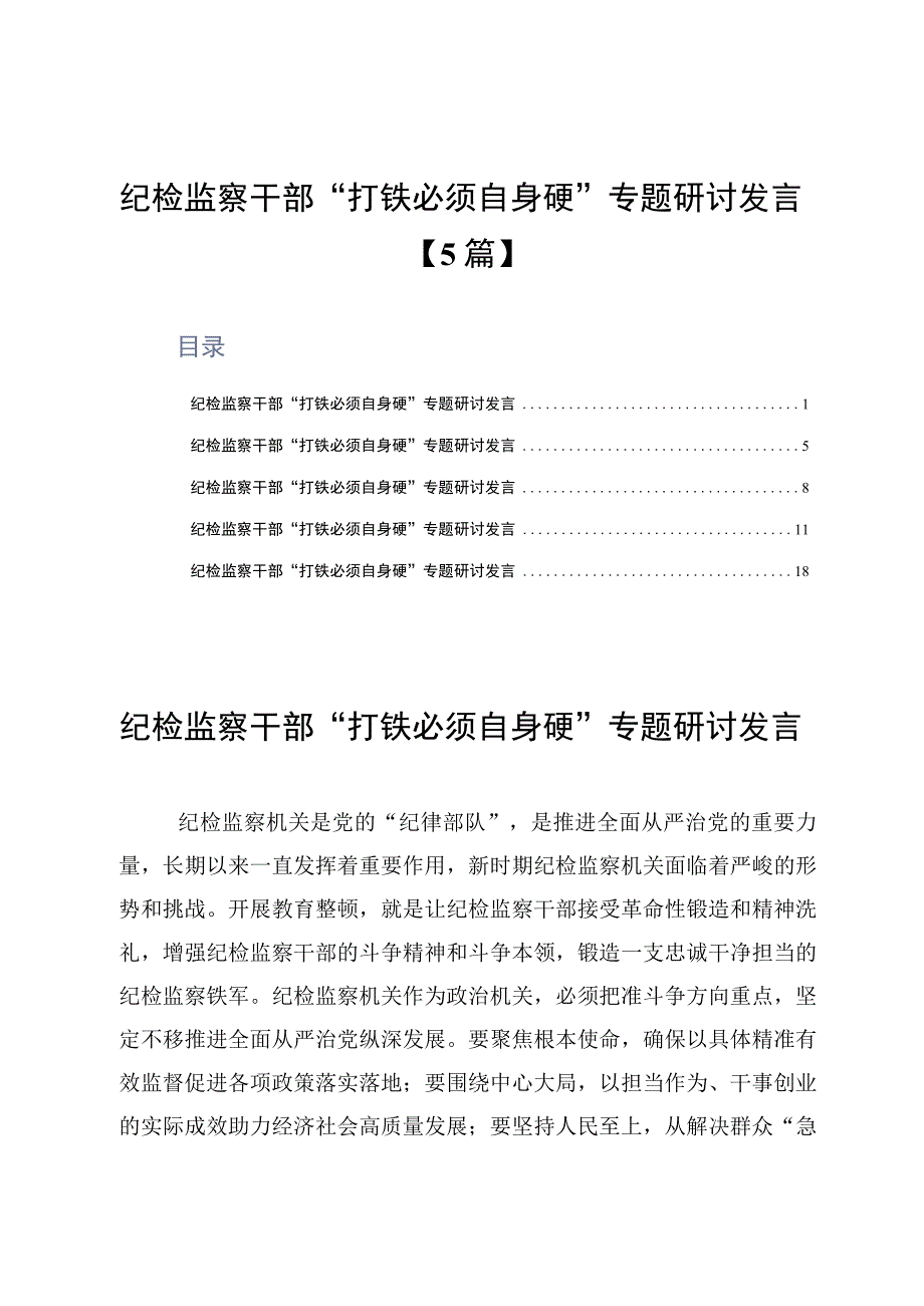 纪检监察干部打铁必须自身硬专题研讨发言5篇.docx_第1页