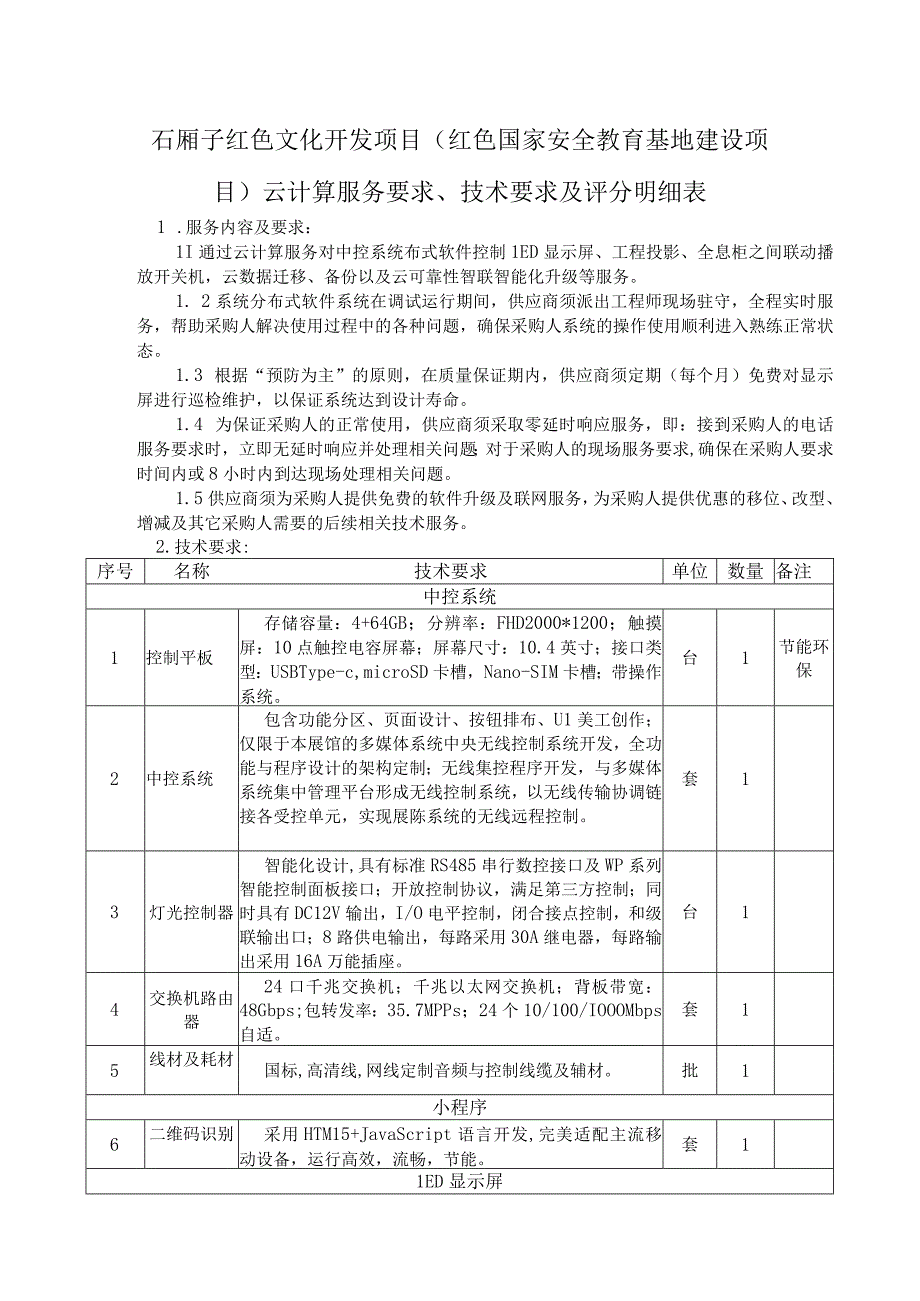 石厢子红色文化开发项目红色国家安全教育基地建设项目云计算服务要求技术要求及评分明细表.docx_第1页