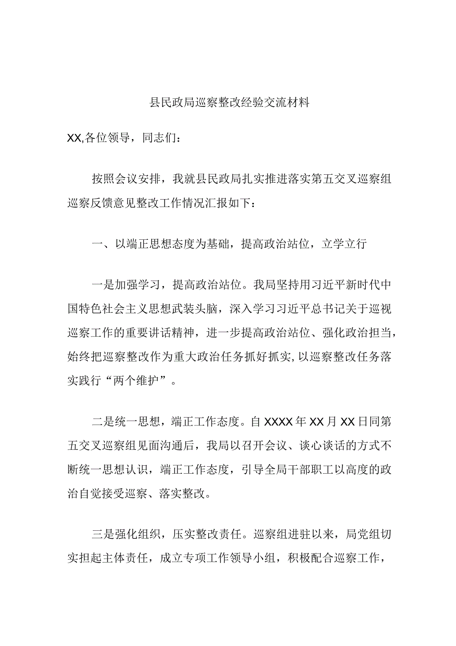 精品文档县民政局巡察整改经验交流材料完整.docx_第1页