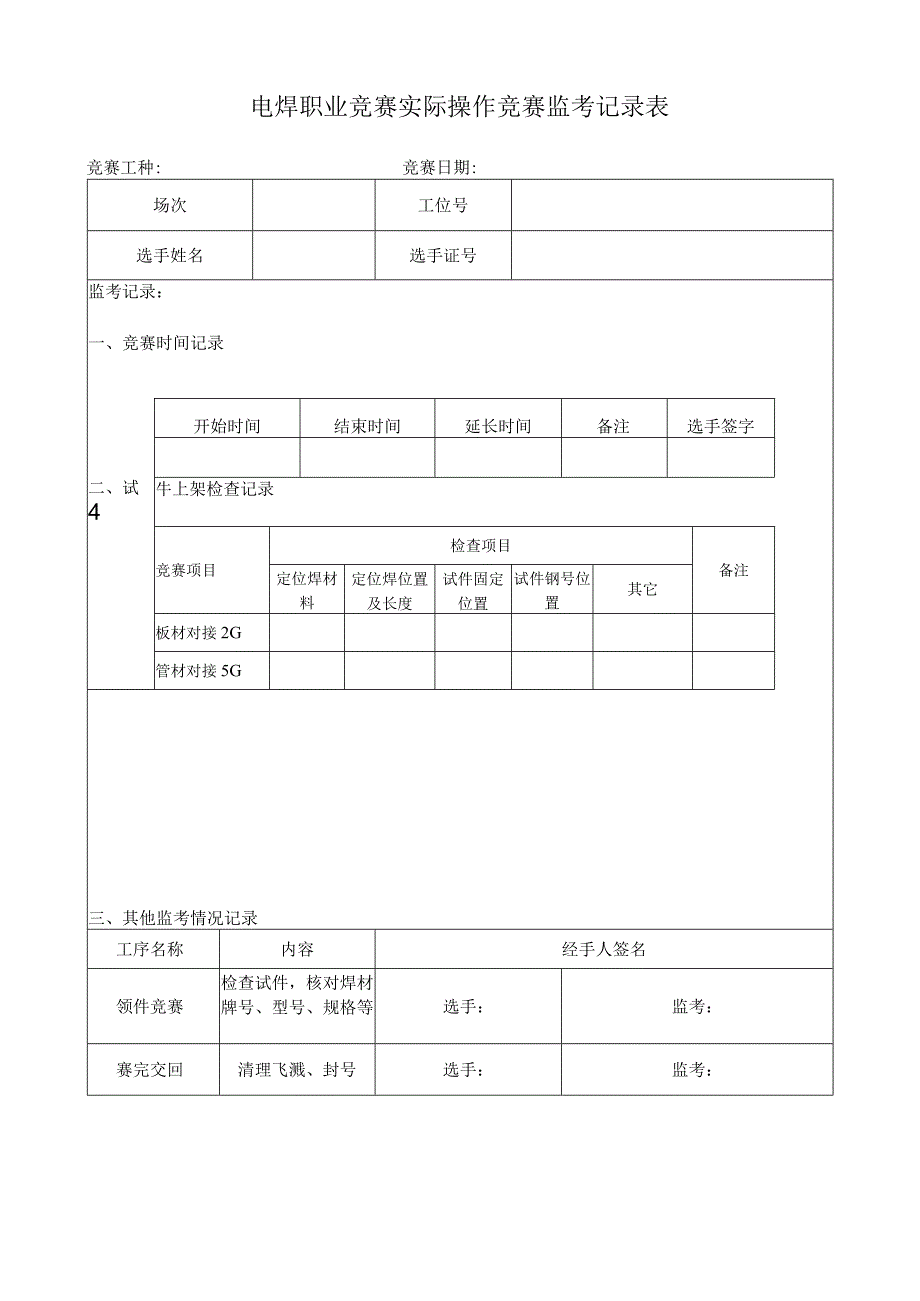 电焊职业竞赛实际操作竞赛监考记录表.docx_第1页