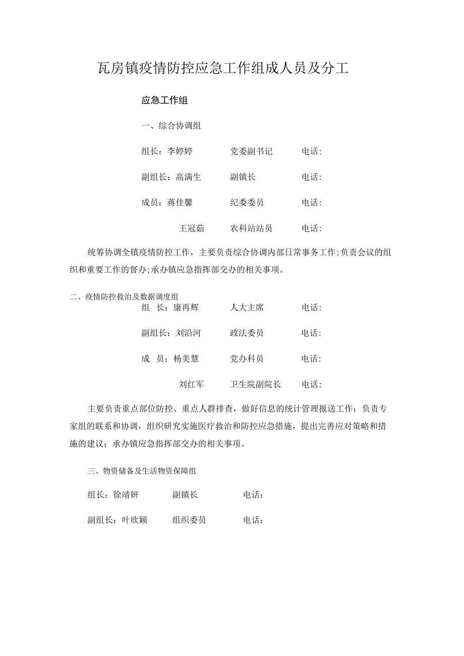 瓦房镇疫情防控应急工作组成人员及分工.docx_第1页