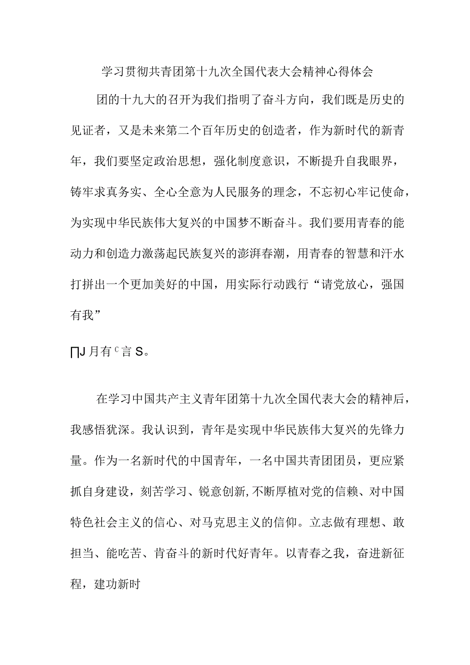 纪检干部学习贯彻共青团第十九次全国代表大会精神个人心得体会 精编5份.docx_第1页