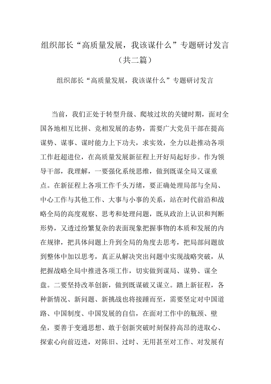 组织部长高质量发展我该谋什么专题研讨发言共二篇.docx_第1页