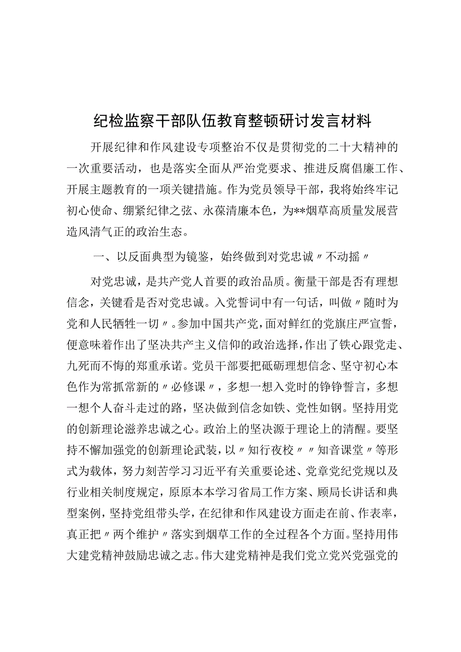 纪检监察干部队伍教育整顿研讨发言材料.docx_第1页