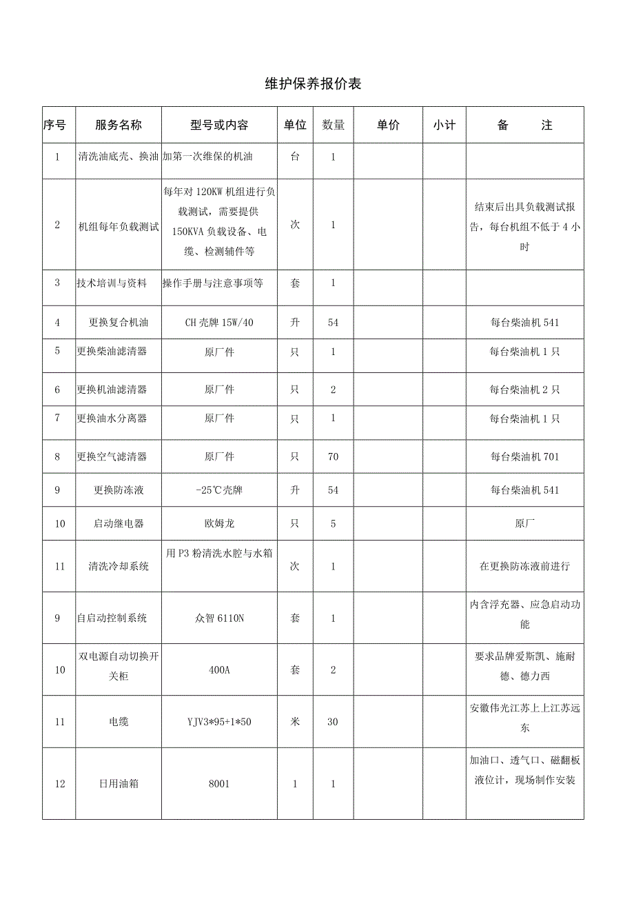 维护保养报价表.docx_第1页