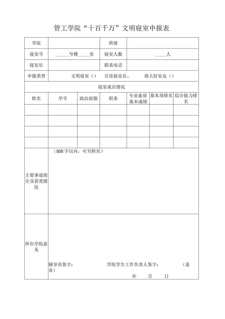 管工学院十百千万文明寝室申报表.docx_第1页