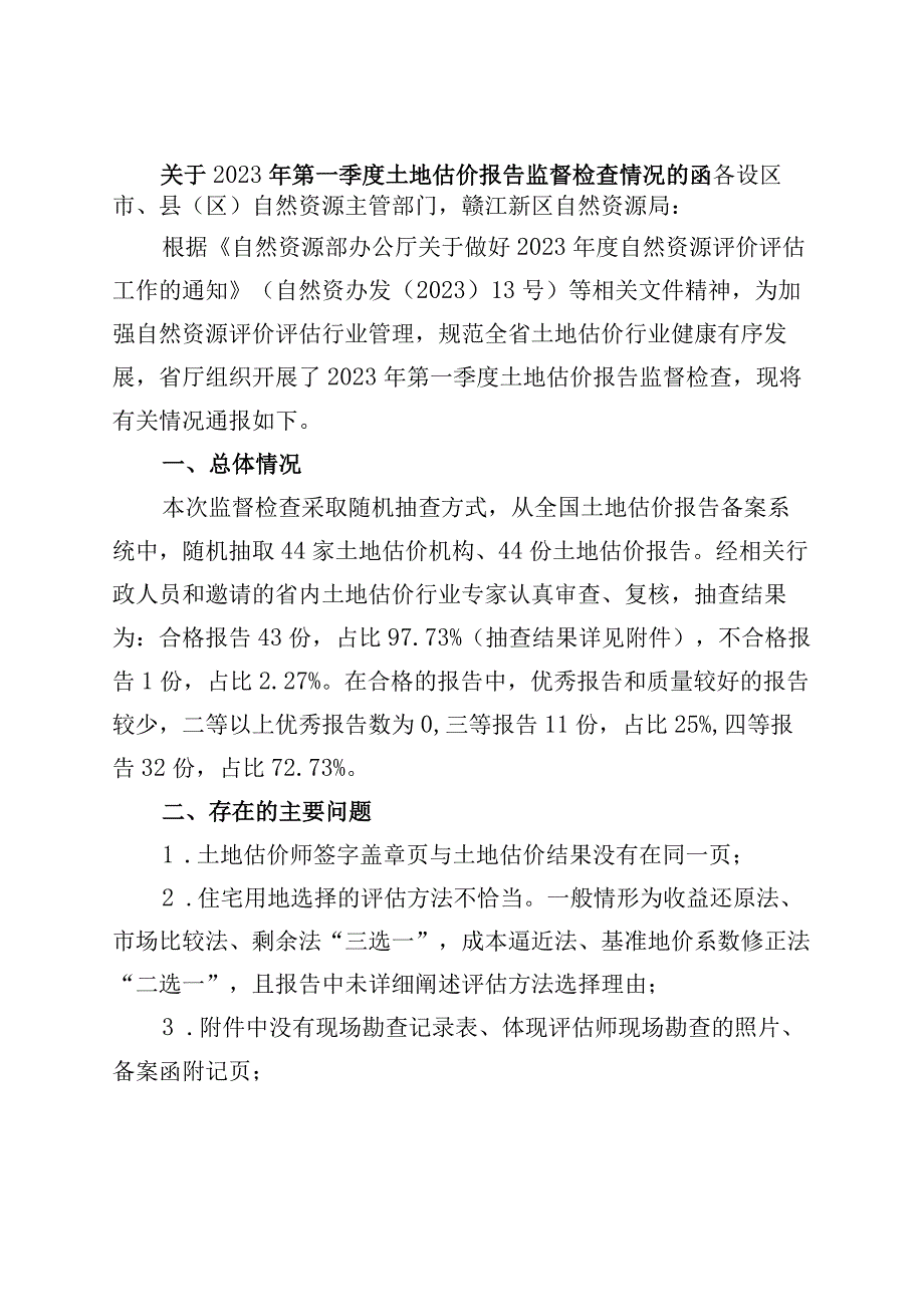 精品公文关于2023年第一季度土地估价报告监督检查情况的函.docx_第1页