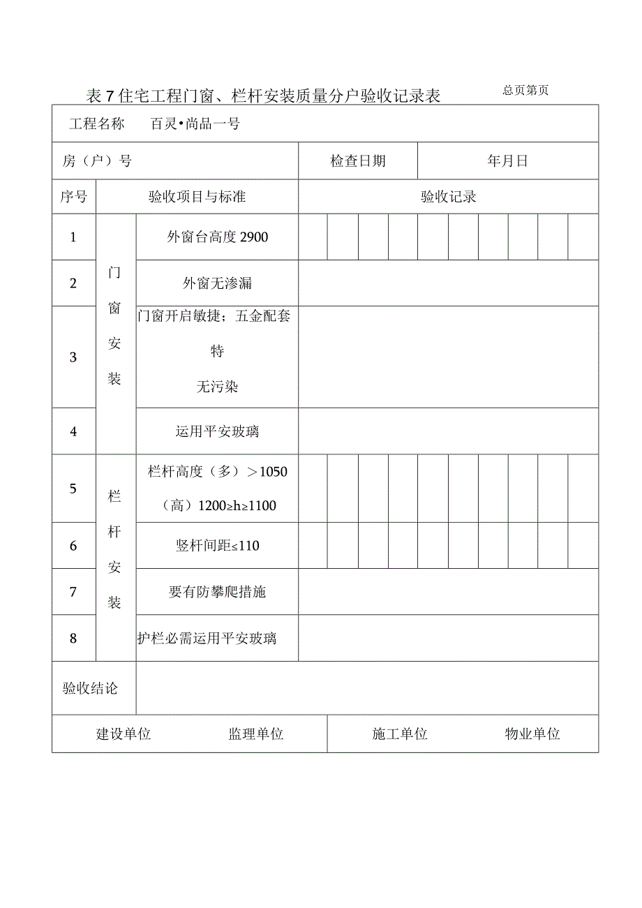 表7住宅工程门窗栏杆安装质量分户验收记录表.docx_第1页