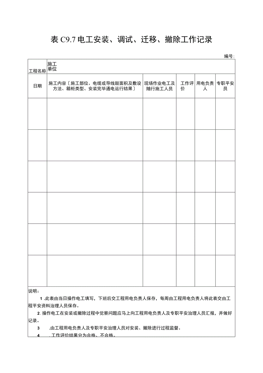 电工安装调试迁移撤除工作记录2023版.docx_第1页