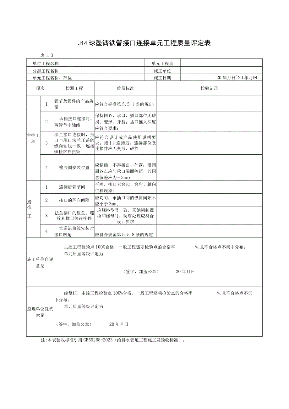 球墨铸铁管接口连接单元工程质量评定表2023版.docx_第1页