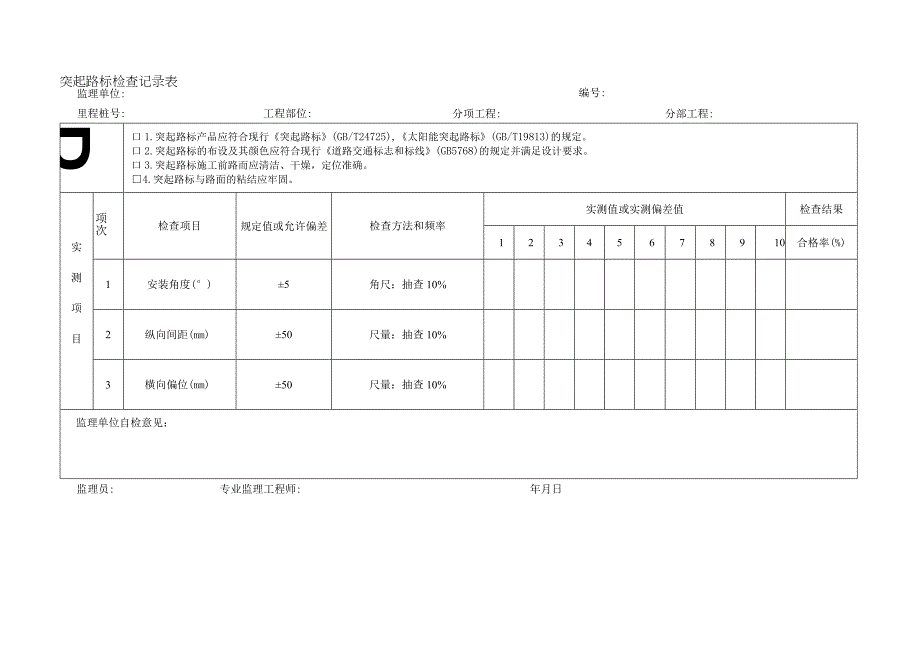 突起路标检查记录表.docx_第1页