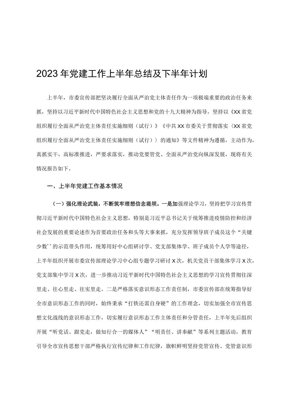 2023年党建工作上半年总结及下半年计划1.docx_第1页