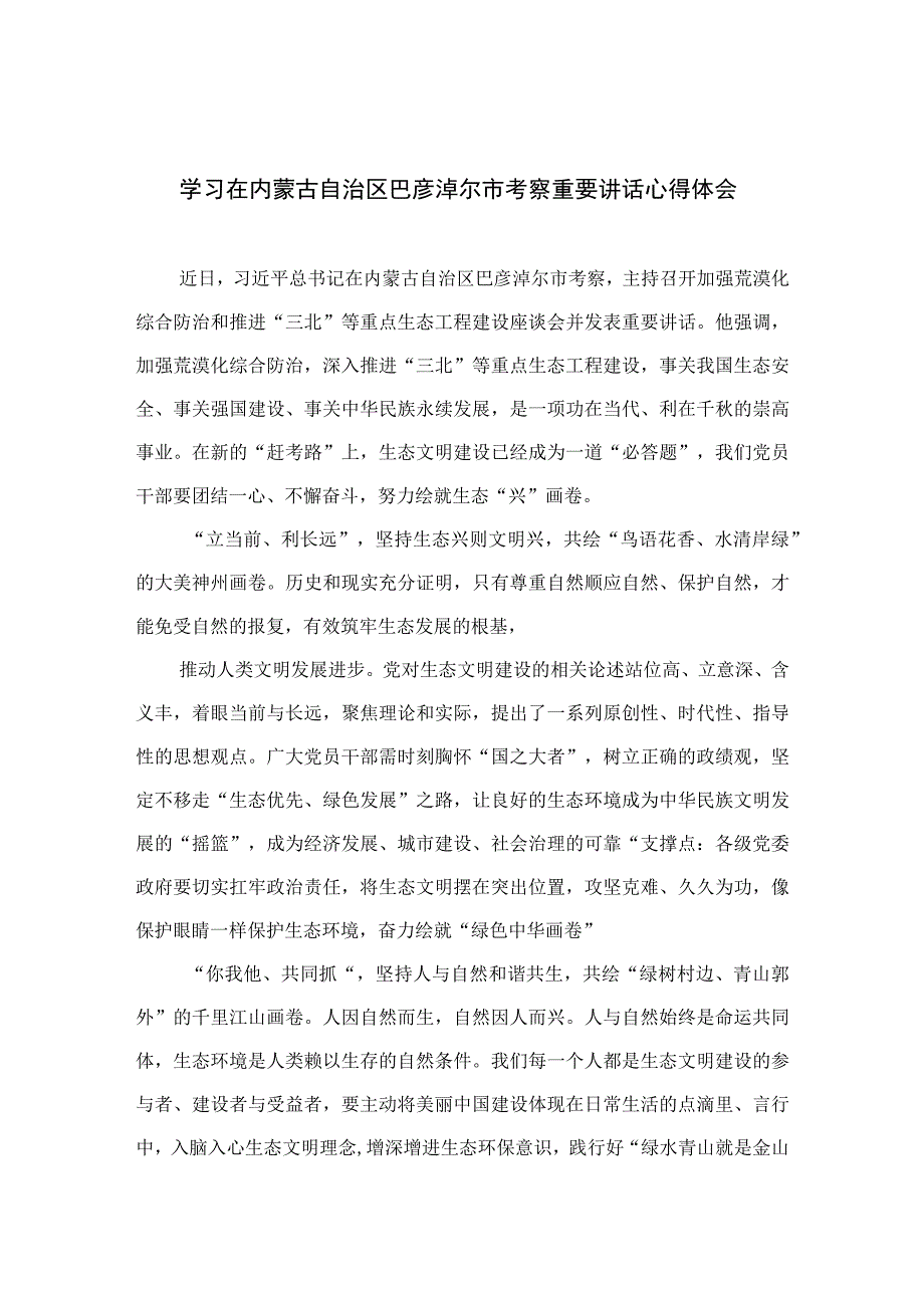 2023学习在内蒙古自治区巴彦淖尔市考察重要讲话心得体会通用精选9篇.docx_第1页