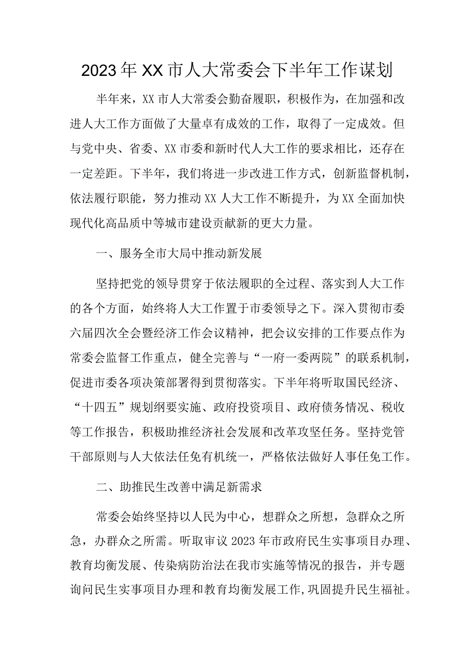 2023年XX市人大常委会下半年工作谋划.docx_第1页