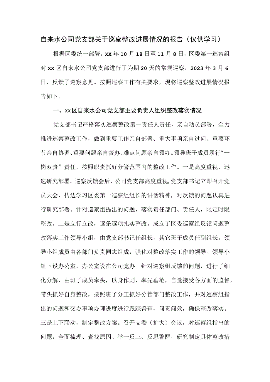 2023自来水公司党支部关于巡察整改进展情况的报告.docx_第1页