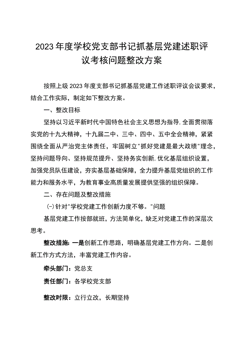 2023年度学校当支部书记抓基层党建述职评议考核问题整改方案.docx_第1页