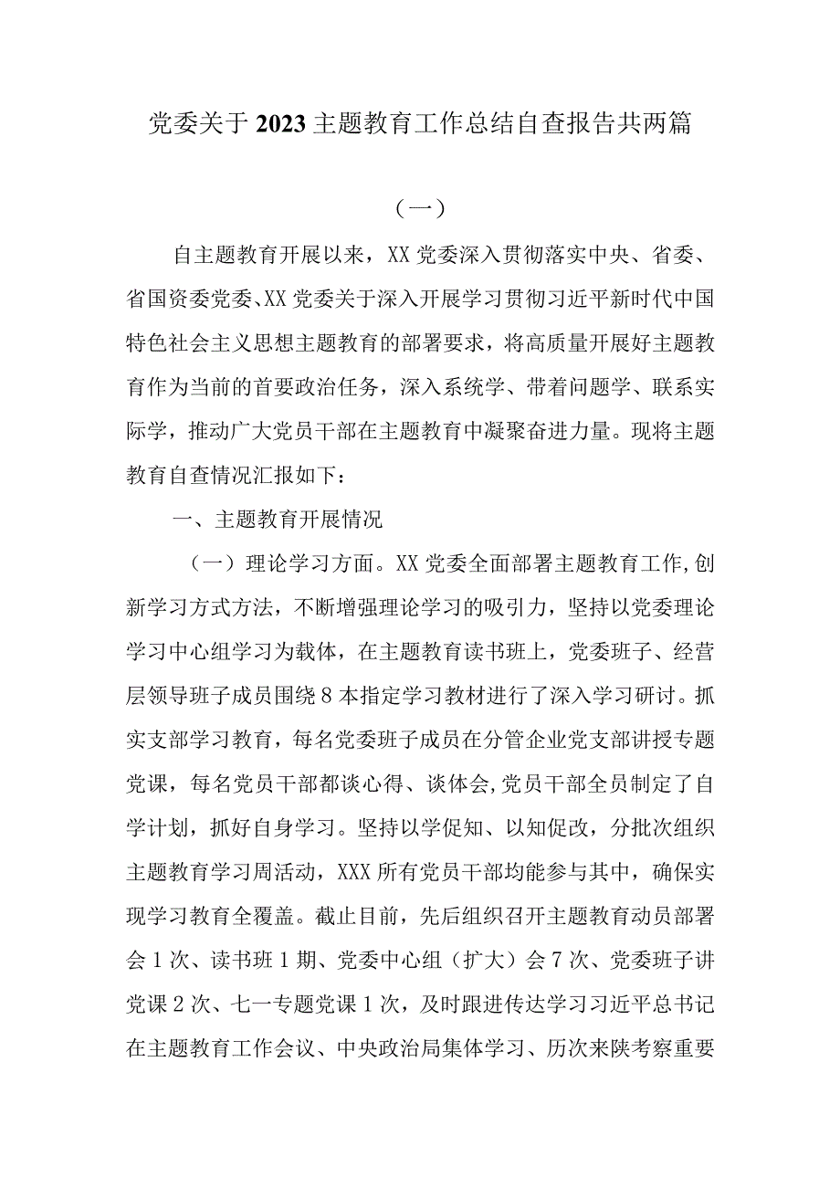 党委关于2023主题教育工作总结自查报告共两篇.docx_第1页