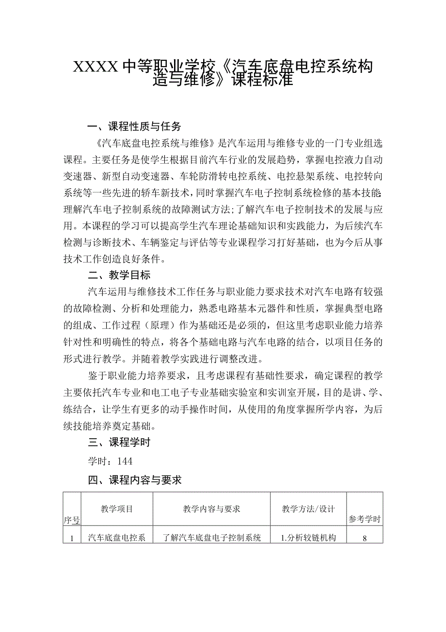 中等职业学校《汽车底盘电控系统构造与维修》课程标准.docx_第1页