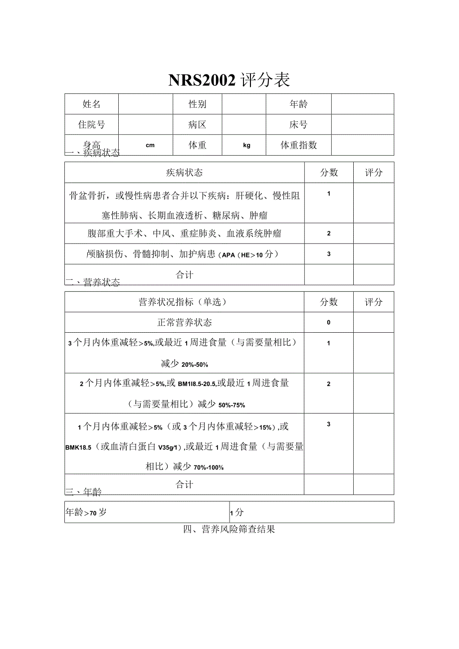 NRS2002住院患者营养风险筛查疼痛数字评分表.docx_第1页