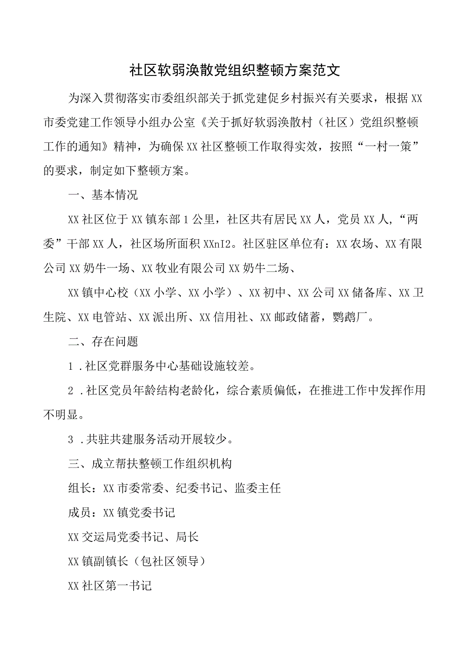 2023年村社区软弱涣散党组织整顿方案工作实施.docx_第1页