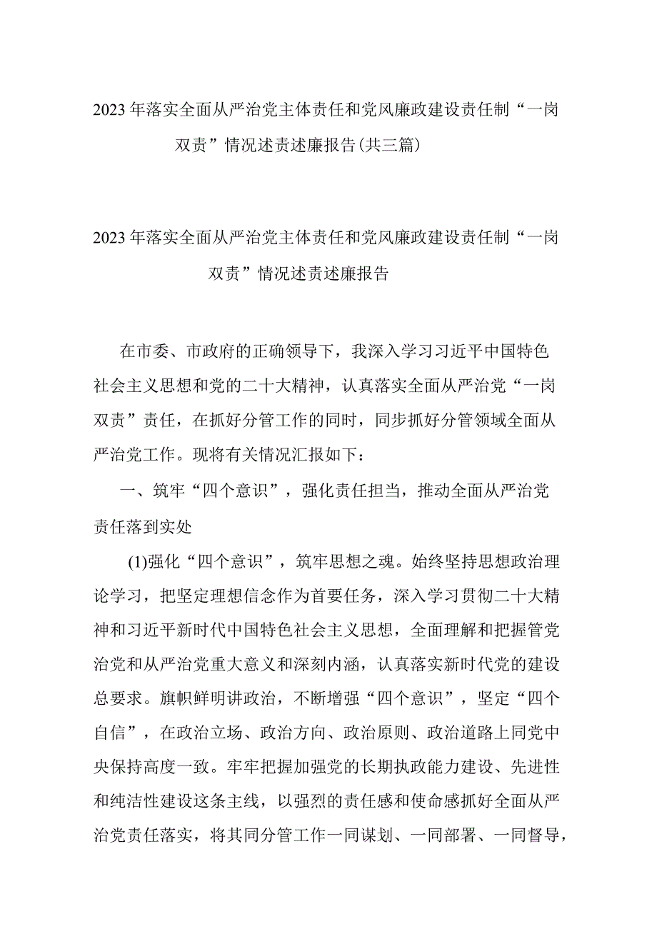 2023年落实全面从严治党主体责任和党风廉政建设责任制一岗双责情况述责述廉报告共三篇.docx_第1页