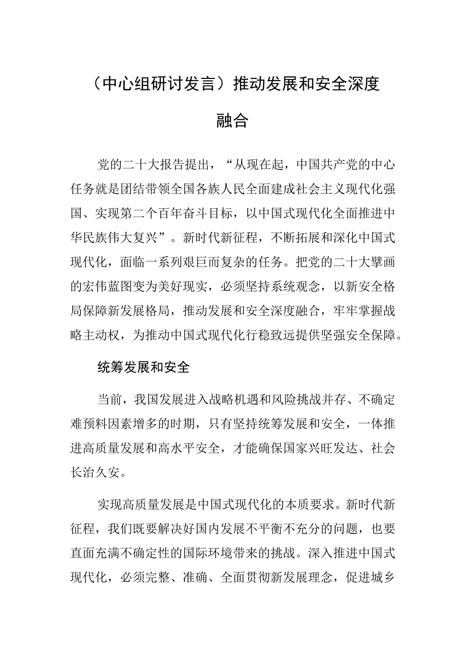 中心组研讨发言推动发展和安全深度融合.docx_第1页