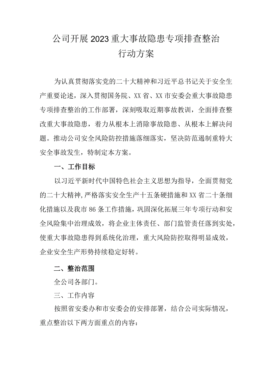 公司2023重大事故隐患专项排查整治行动方案.docx_第1页