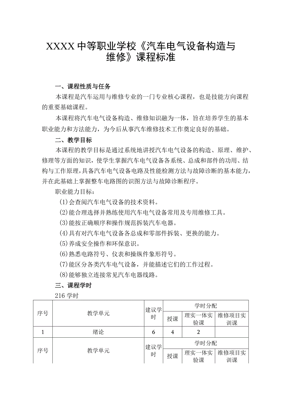 中等职业学校《汽车电气设备构造与维修》课程标准.docx_第1页