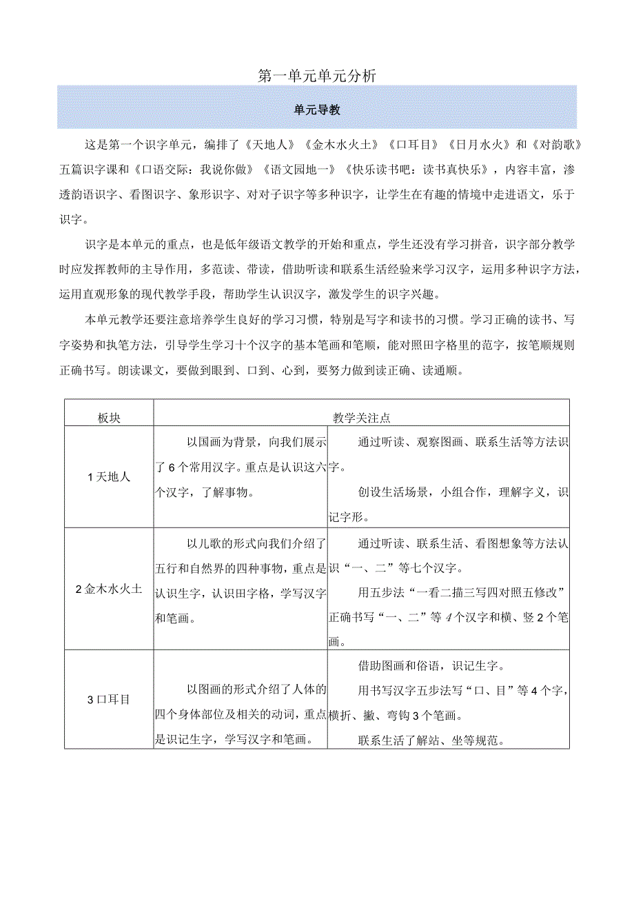 人教版部编版一年级上册第一单元单元分析.docx_第1页