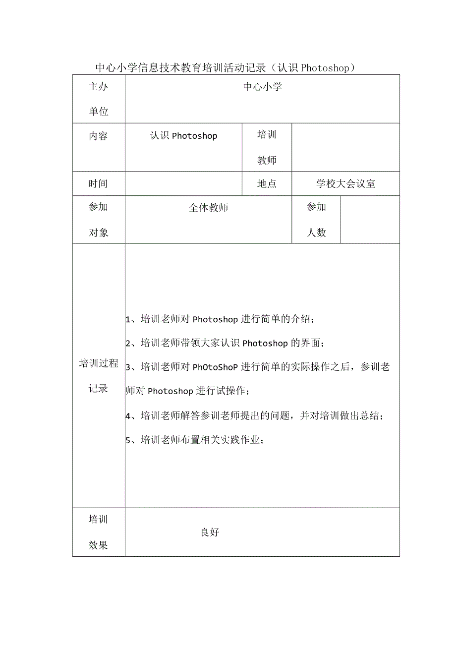 中心小学信息技术教育培训活动记录认识Photoshop.docx_第1页