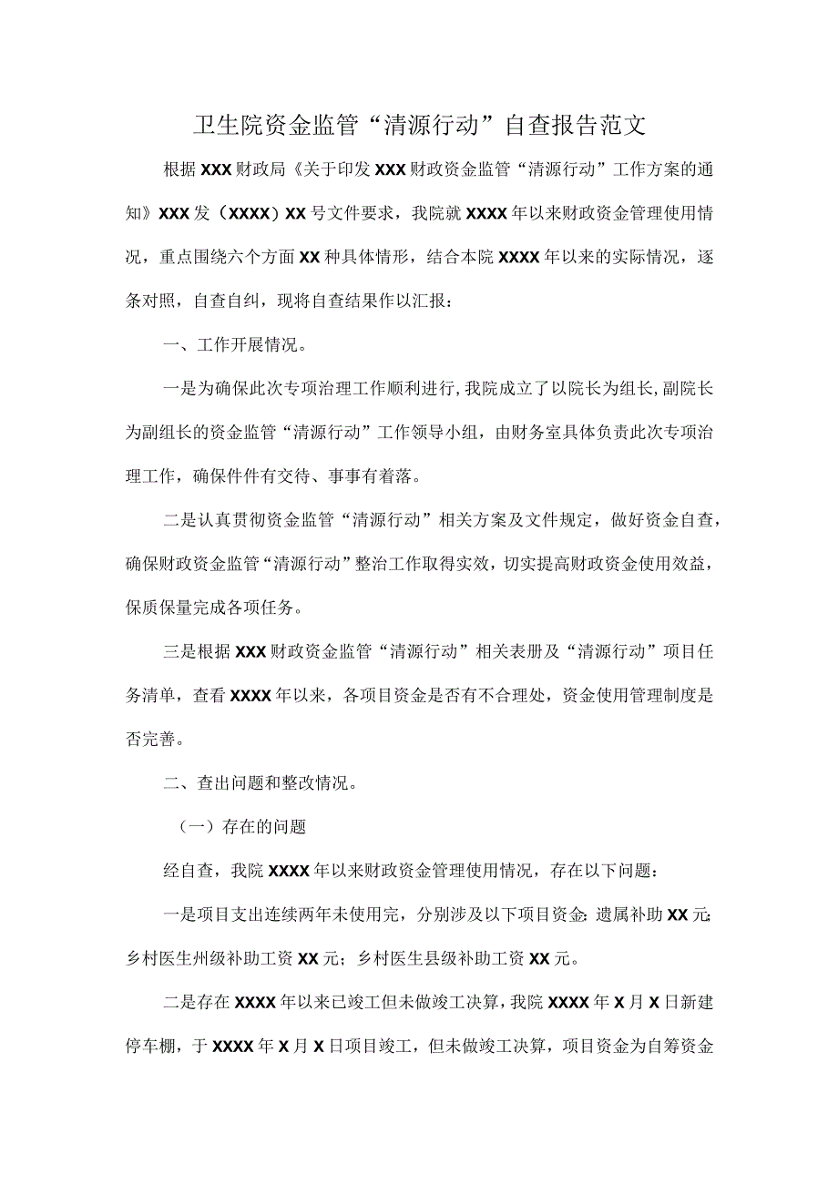 卫生院资金监管清源行动自查报告范文.docx_第1页