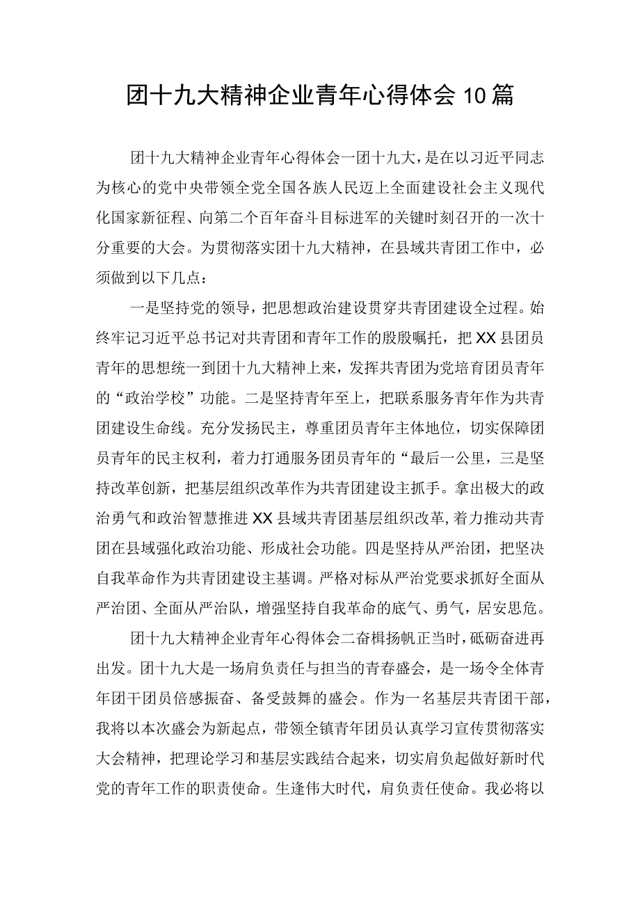 团十九大精神企业青年心得体会10篇.docx_第1页