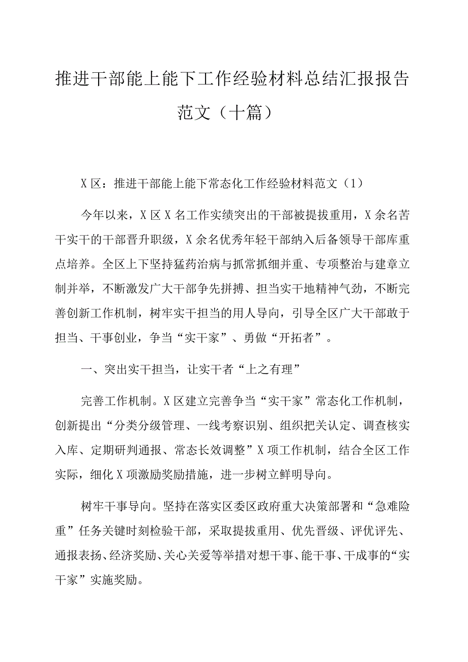 推进干部能上能下工作经验材料总结汇报报告范文范文十篇.docx_第1页