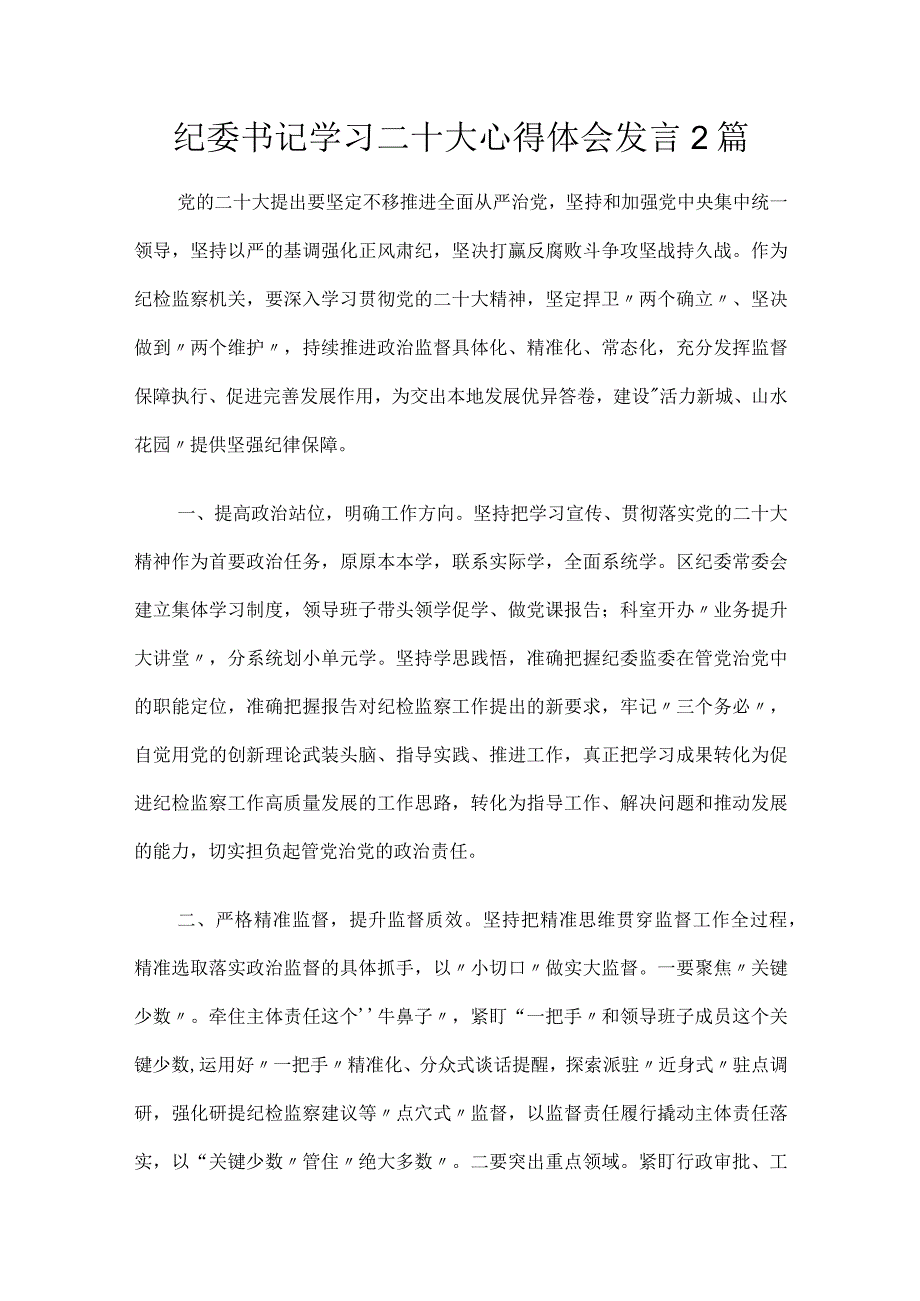 纪委书记学习二十大心得体会研讨发言材料2篇.docx_第1页