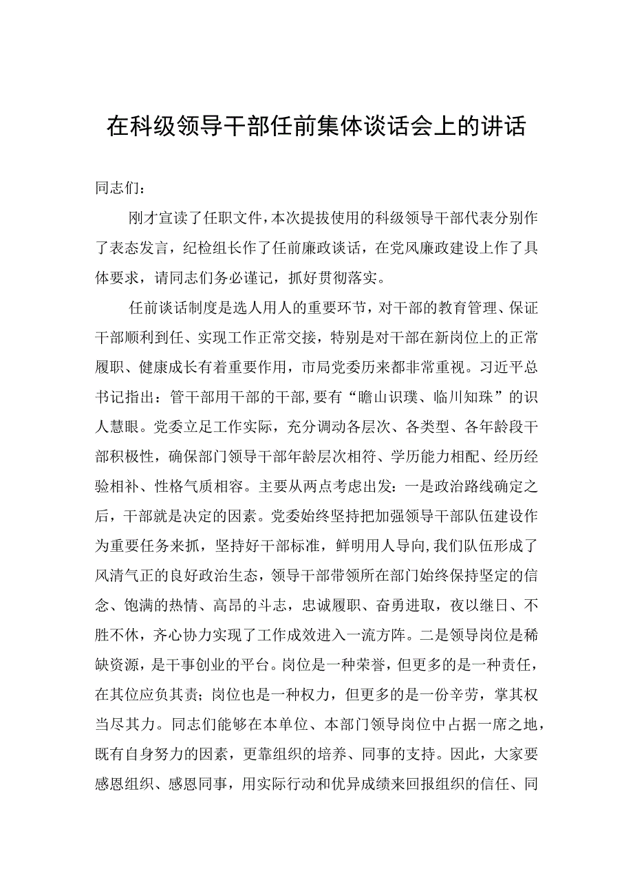 在科级领导干部任前集体谈话会上的讲话.docx_第1页