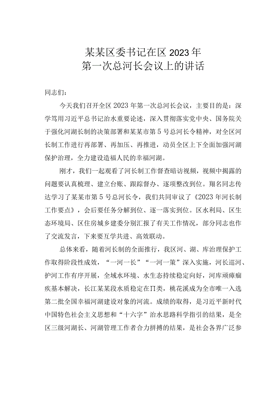 某某区委书记在区2023年第一次总河长会议上的讲话.docx_第1页