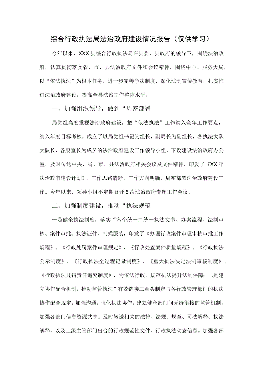 综合行政执法局法治政府建设情况报告.docx_第1页