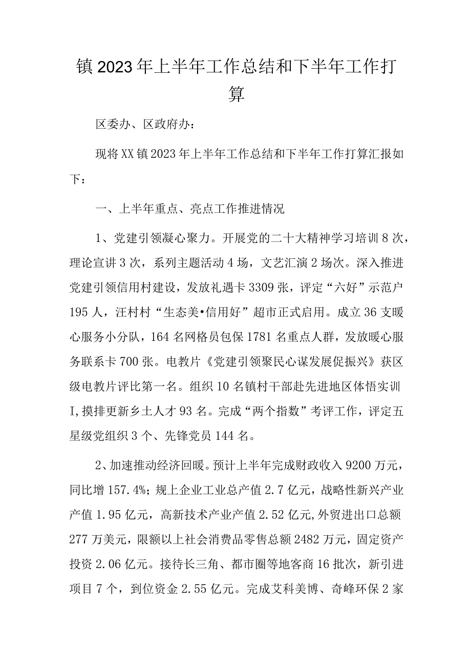 镇2023年上半年工作总结和下半年工作打算.docx_第1页