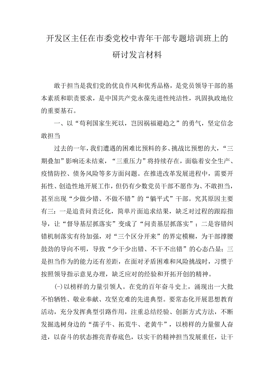 开发区主任在市委党校中青年干部专题培训班上的研讨发言材料2篇.docx_第1页