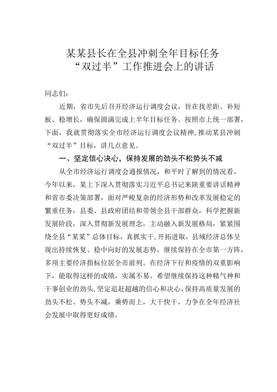 某某县长在全县冲刺全年目标任务双过半工作推进会上的讲话.docx_第1页