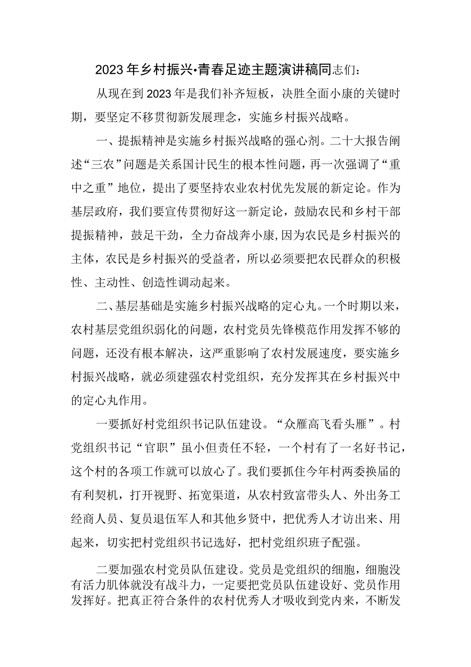 2023乡村振兴青春足迹主题演讲稿.docx_第1页