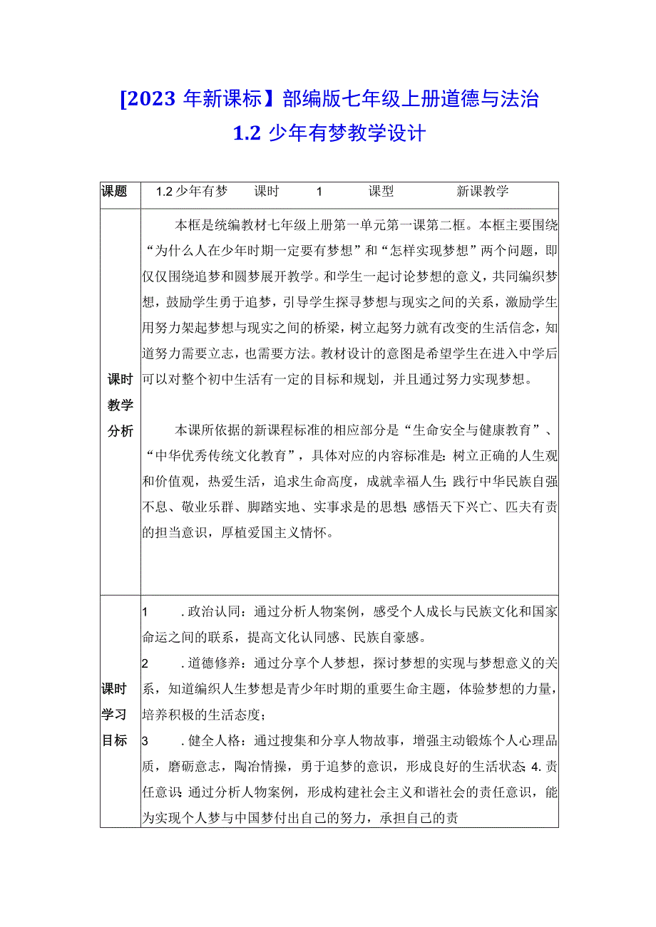 2023年新课标部编版七年级上册道德与法治12 少年有梦 教学设计.docx_第1页