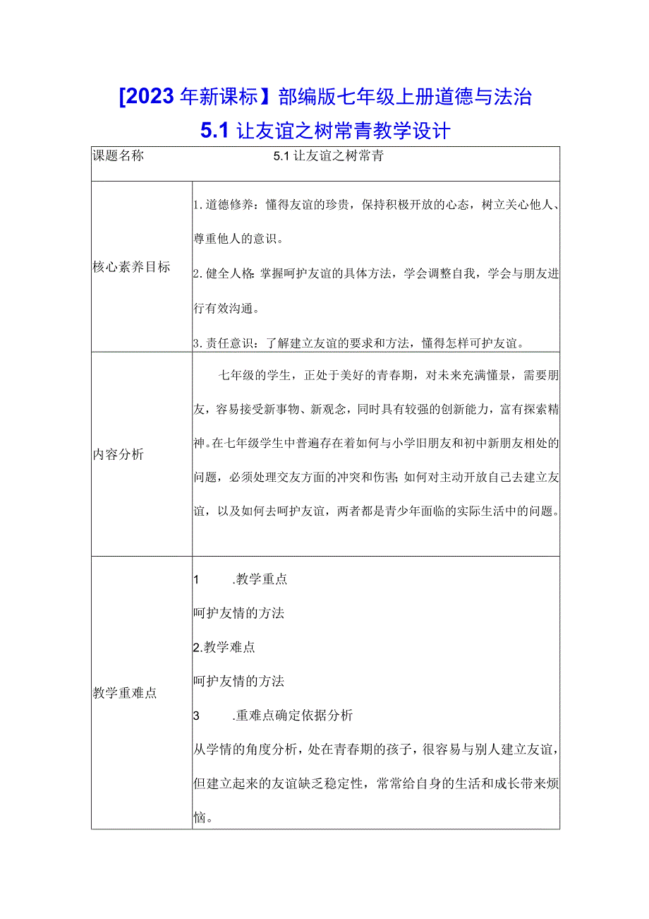 2023年新课标部编版七年级上册道德与法治51 让友谊之树常青 教学设计.docx_第1页