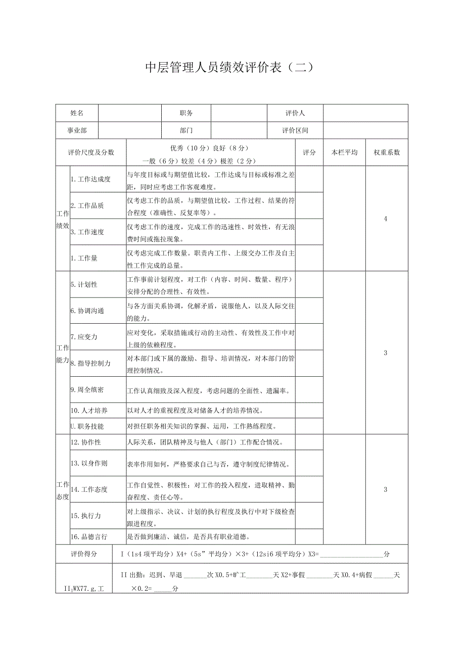 2023年整理生产制造型企业中层管理人员绩效评价表二.docx_第1页